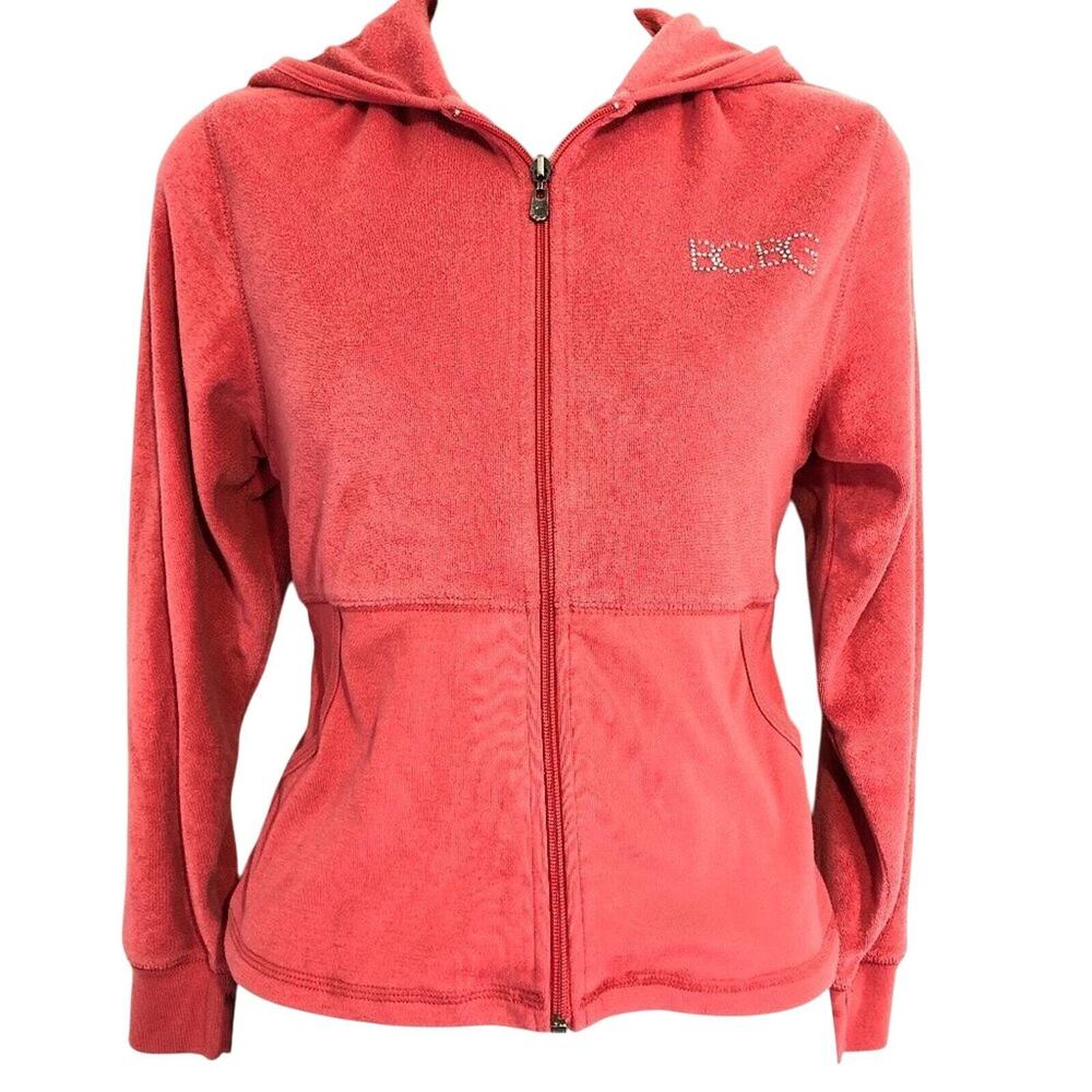 Bcbg MaxAzria Womens Y2K Terry Cloth Full Zip Hoodie Rhinestone Logo Jacket XS